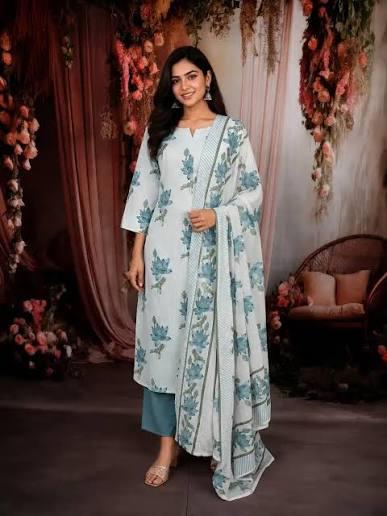 Powder Blue Lotus Floral Printed Design Cotton