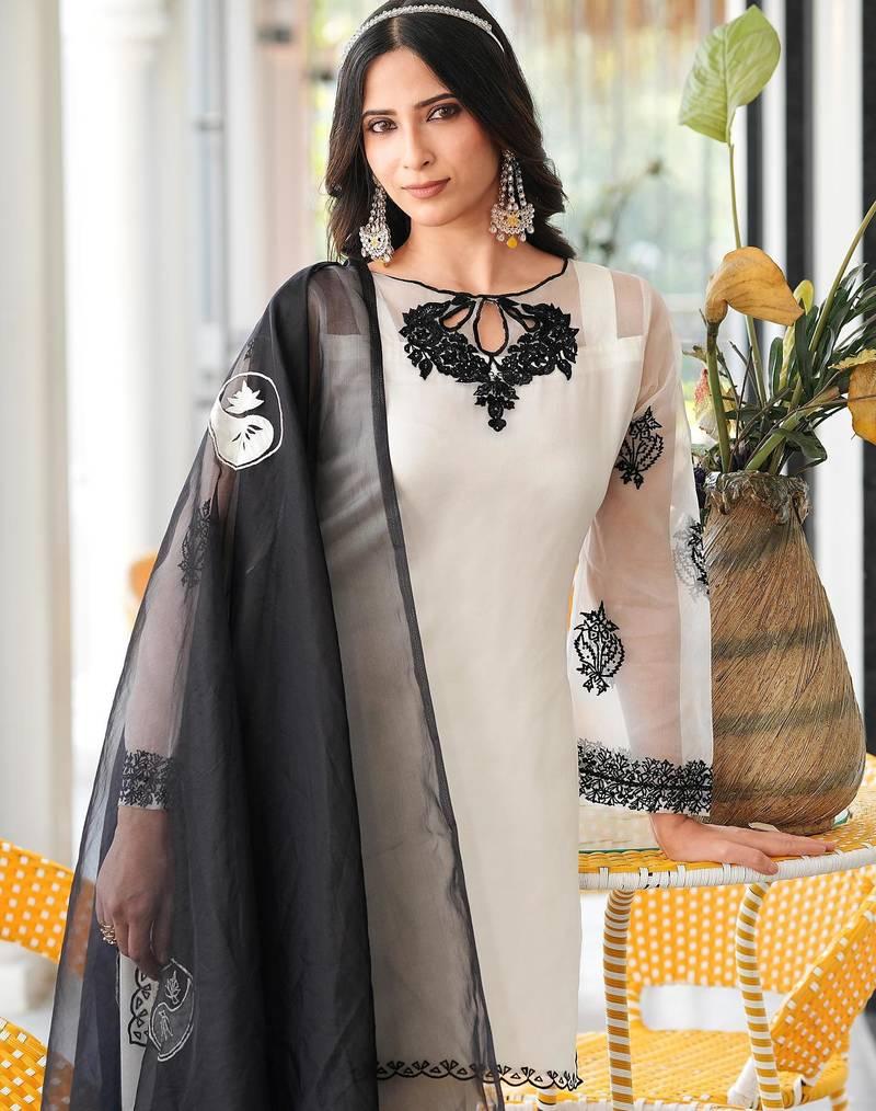 Cream Embroidered Stitched Straight Cut